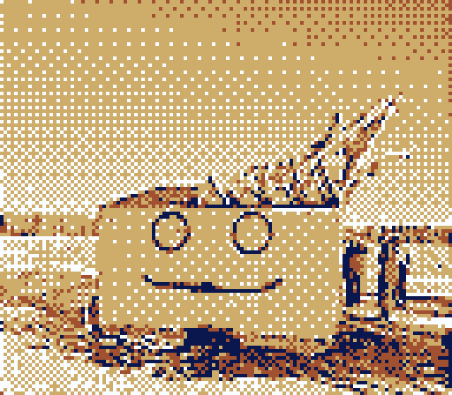 Picture of a big art piece shaped like a trash bin on fire taken with a Game Boy Camera