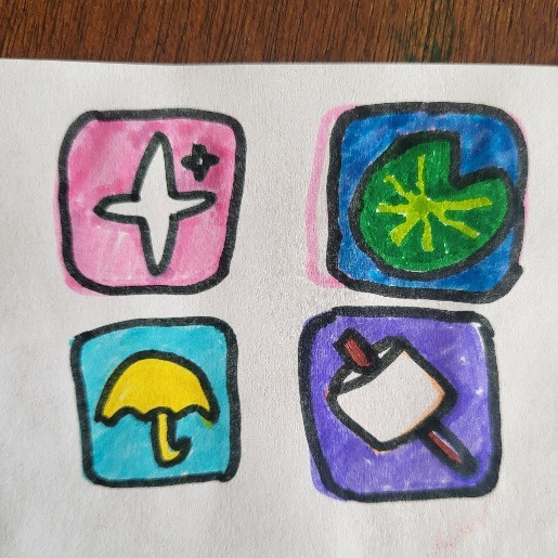 Four hand drawn icons. Clockwise from top left: sparkles icon over pink background, lilypad drawing over blue background, marshmallow on a stick over purple background, and umbrella over light blue background